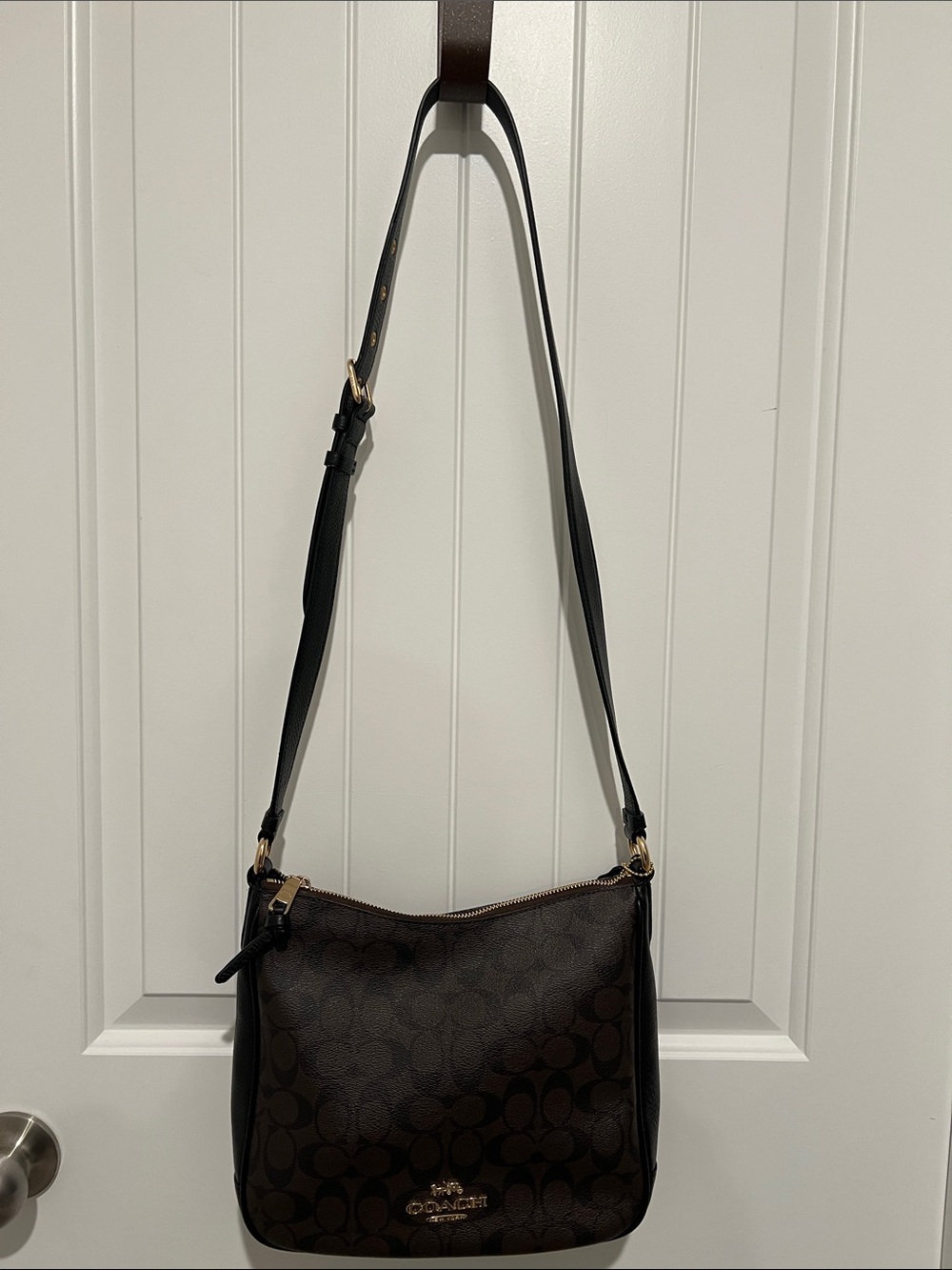 Coach Dark Brown Signature Crossbody Bag with Black Strap